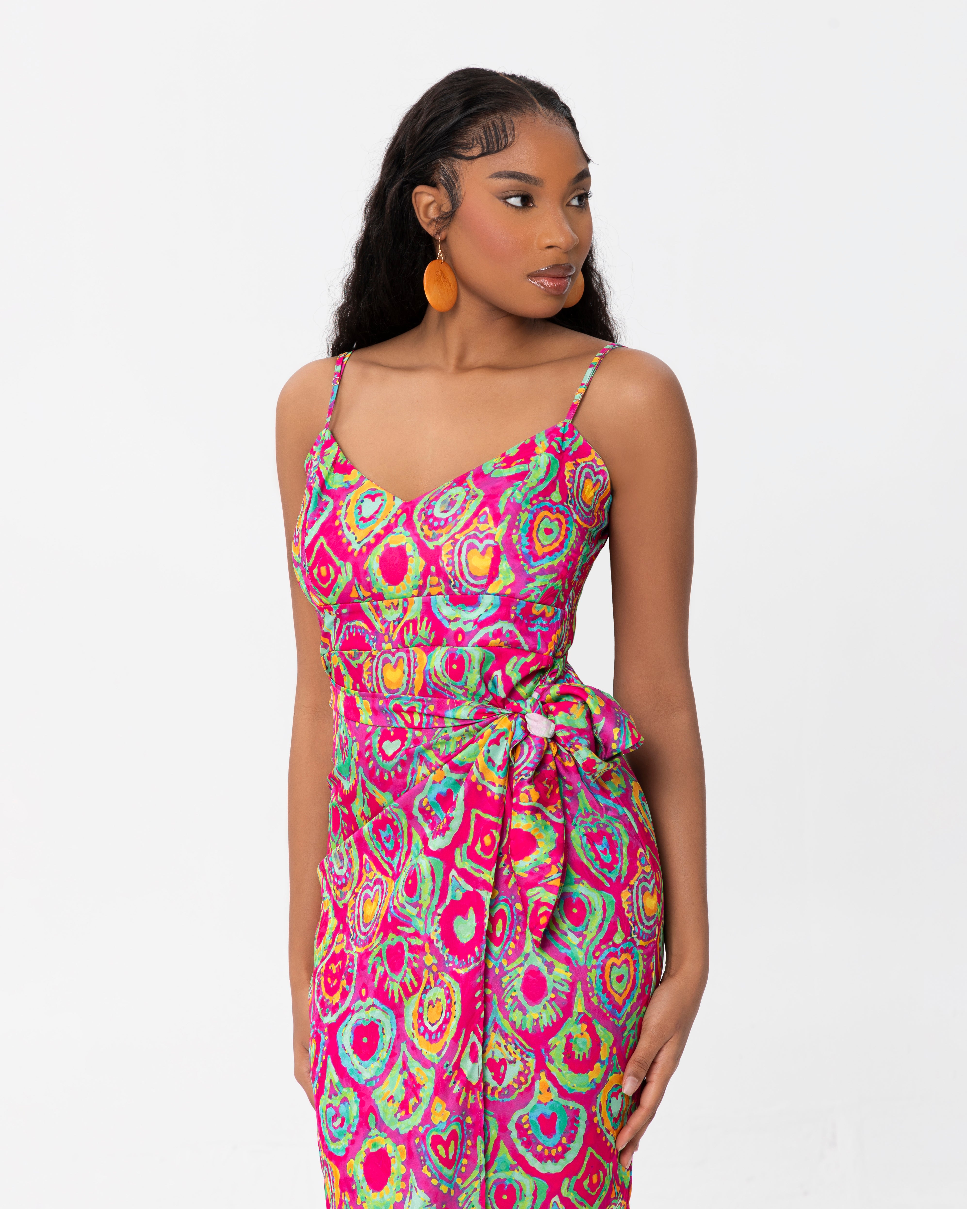 Overlap Print Dress With Spaghetti Straps
