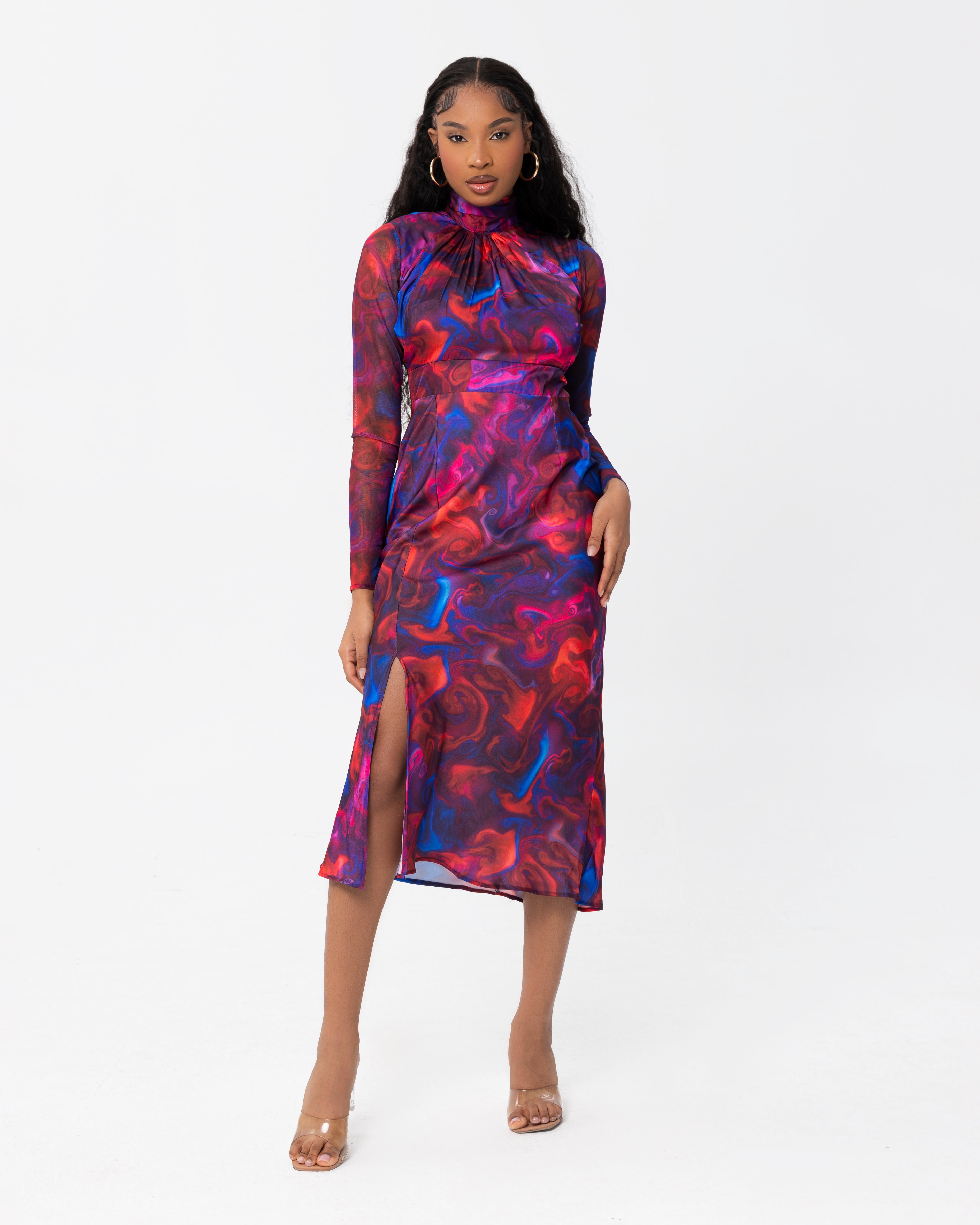 Long Sleeve Slip Dress With Tulle Sleeves