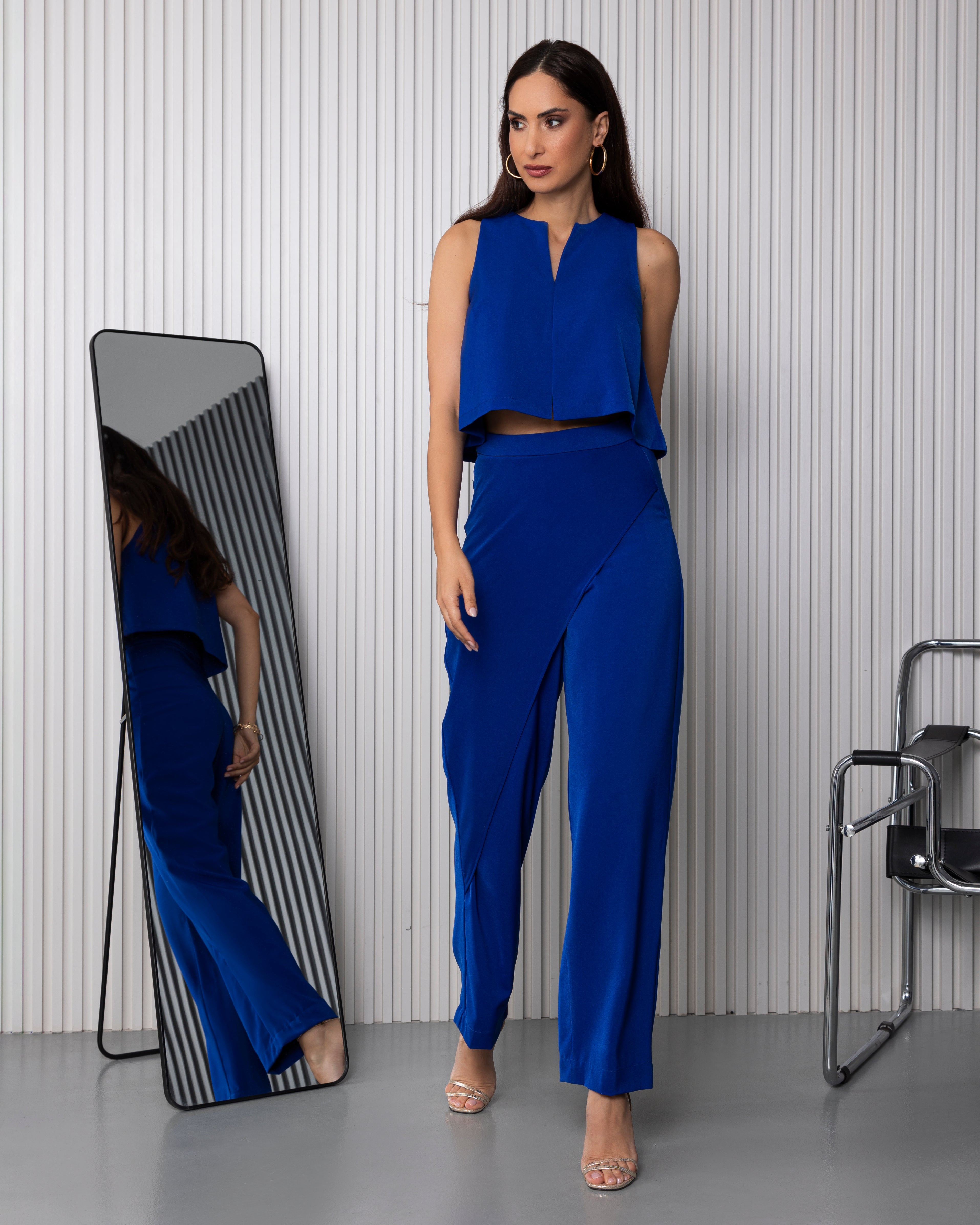 Sleeveless Cropped Blouse With Overlap Peplum Pants Co-ord Set