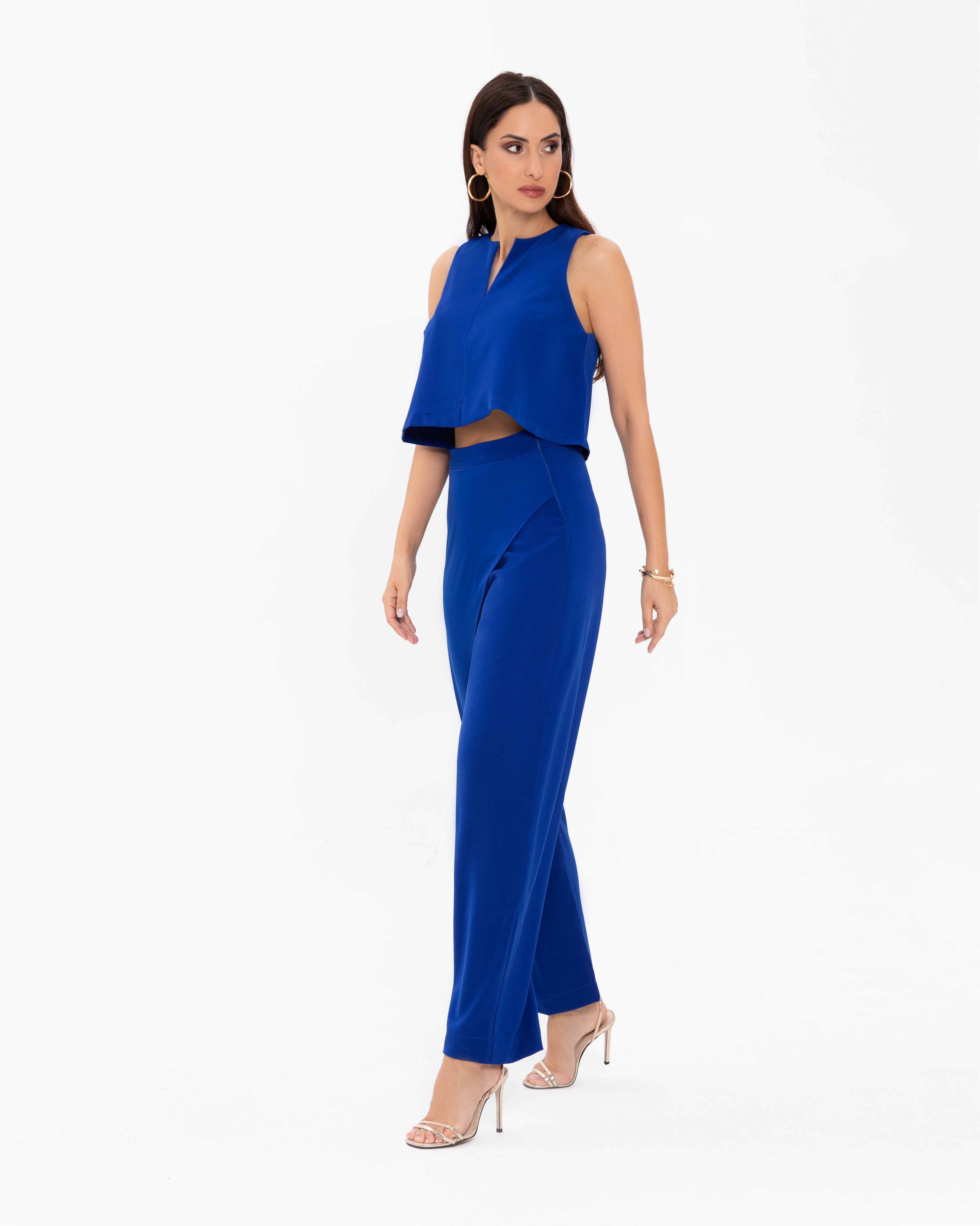 Sleeveless Cropped Blouse With Overlap Peplum Pants Co-ord Set
