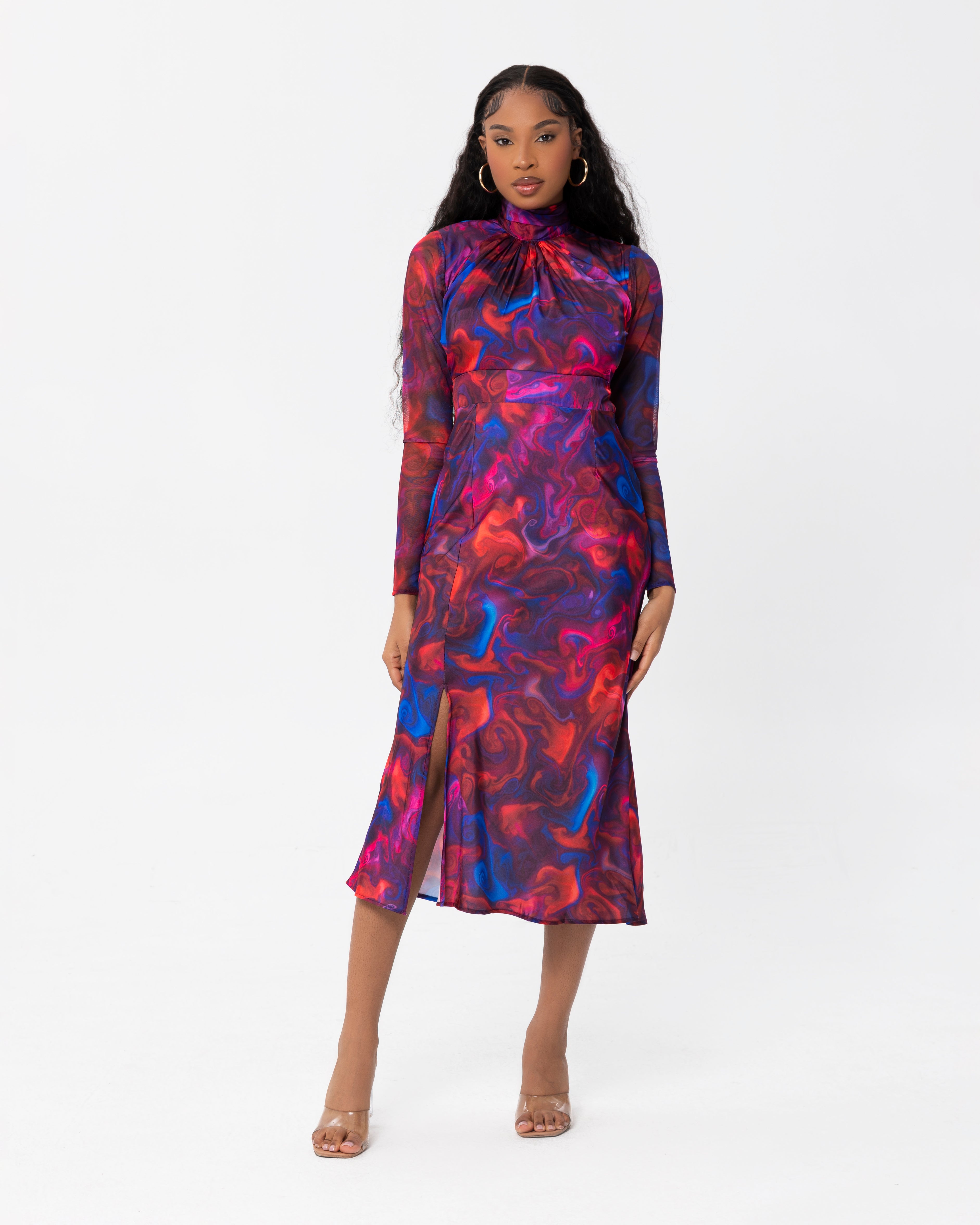 Long Sleeve Slip Dress With Tulle Sleeves